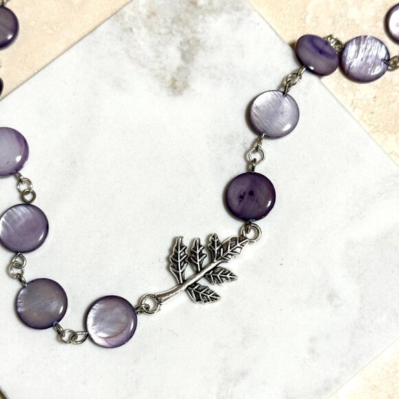 Purple Mother of Pearl Beaded Short Necklace + Silver Leaf Branch Pendant - Picture 6 of 12